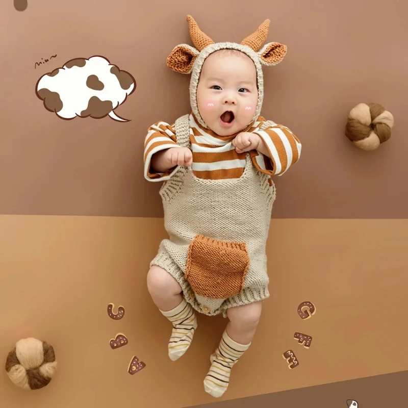 2 шт. детская вязаная шапка с коровьими ушками комбинезон для фотосъемки