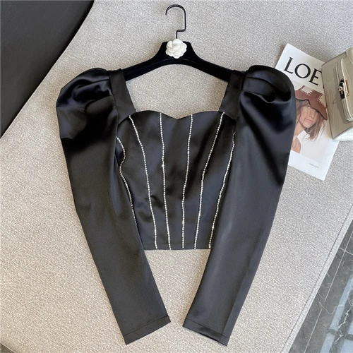 

Элегантная фиолетовая атласная рубашка для женщин Новинка весна-лето 2022 блузки с длинными рукавами-фонариками Стразы облегающие Женские т...