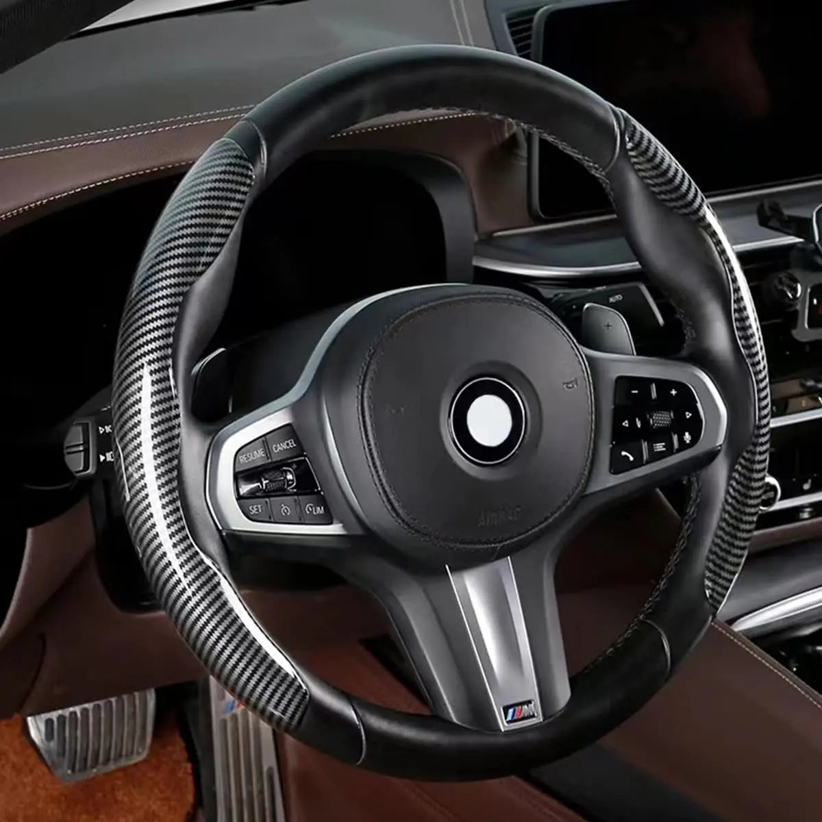 

New 2 Halves Car Steering Wheel Cover 38cm 15inch Carbon Black Fiber Silicone Steering Wheel Booster Cover Anti-skid Accessories