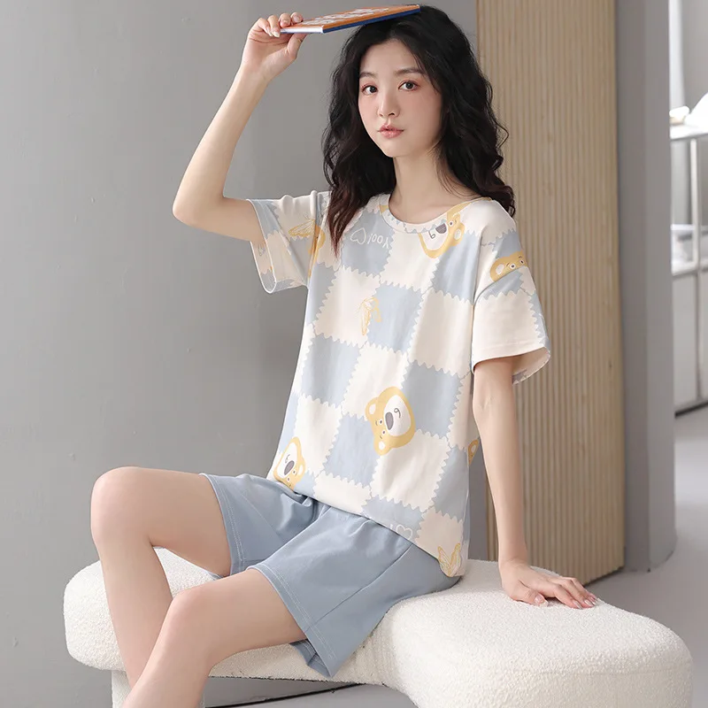 Striped couplepajamas Summer short sleeved cotton loose fitting home clothing can be worn externally for comfort and leisure set