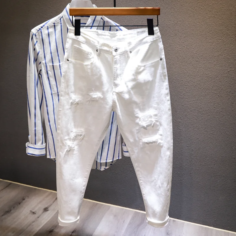

Новые белые джинсы, Мужские универсальные модные рваные узкие Стрейчевые шаровары с дырками, удобные мужские уличные джинсовые брюки