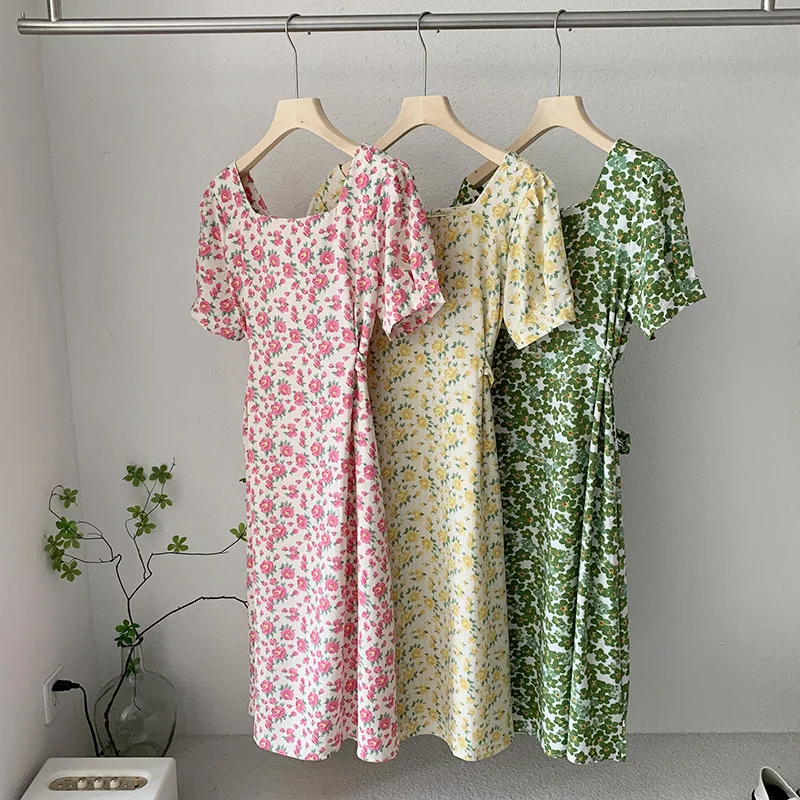 

Vintage Print Dress Summer Women's New Fashion Square Collar Floral Waist Bandage Bubble Short-sleeved Midi Long Dress Trendy