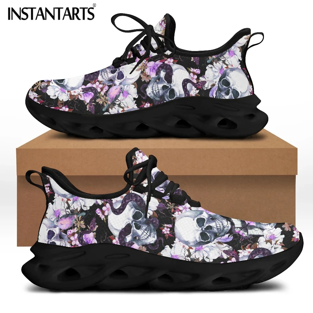 

Женские кроссовки на платформе INSTANTARTS, дышащие удобные сетчатые сникерсы с принтом черепа и цветов, на шнуровке, на плоской подошве