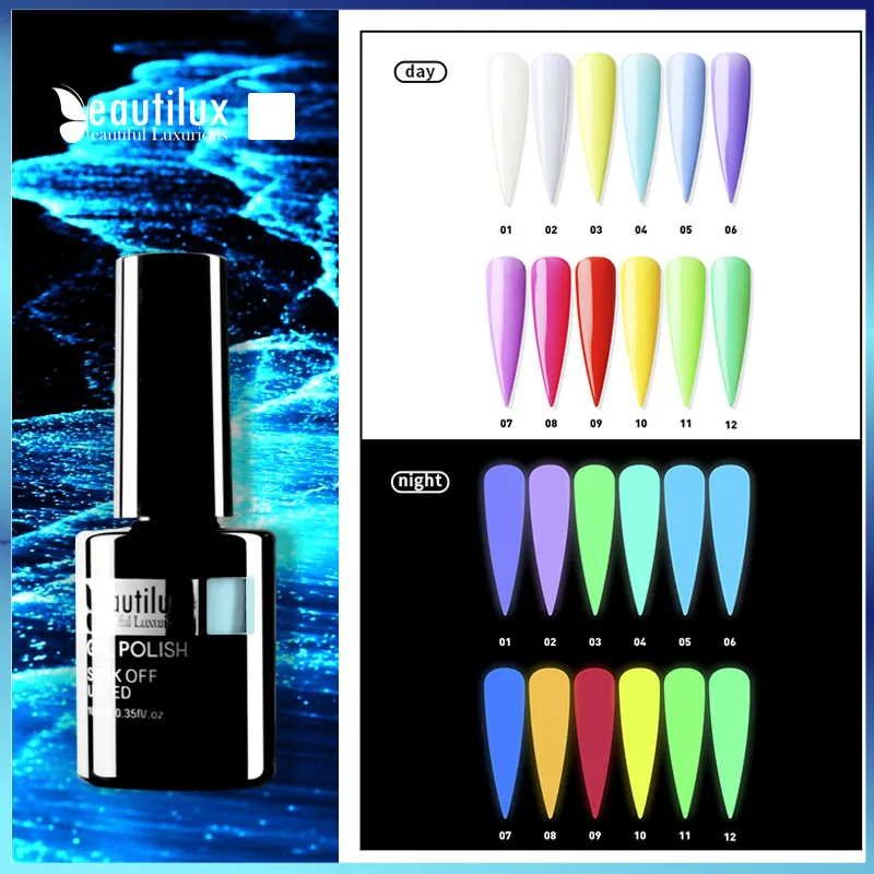 

Beautilux Gel Nail Polish Luminous Glow In Dark Senmi Permanent Gels Varnish Soak Off UV LED Fluorescent Nails Art Lacquer 10ml