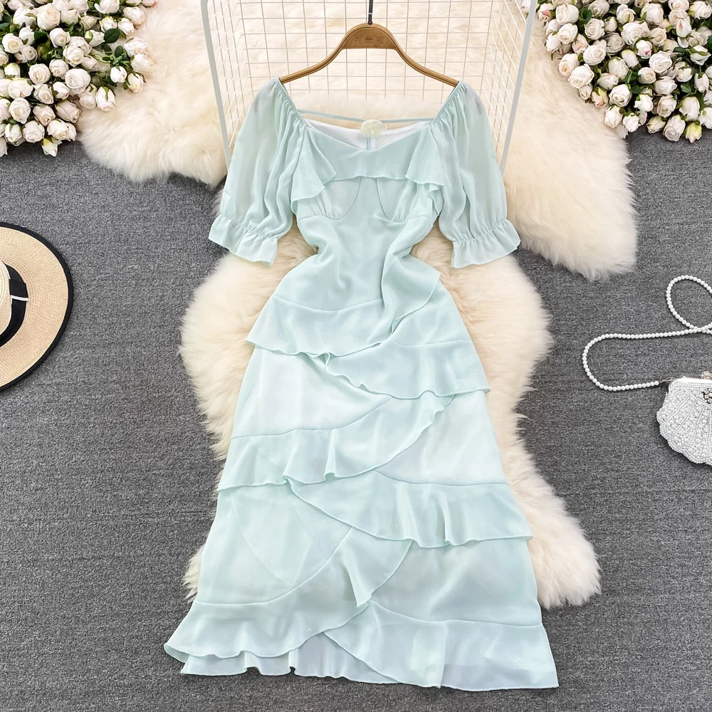 

Vintage Dress 2022 Summer Elegant Square Neck Short-sleeve Dress Summer Holiday Chic Women Waist Thin Chiffon Ruffled Dress Boho