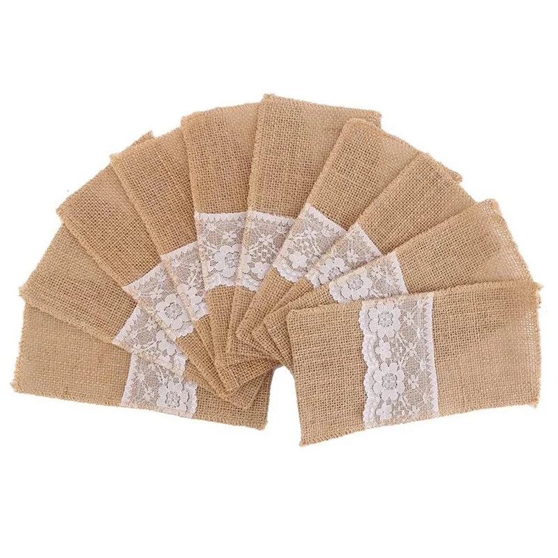 

Burlap Lace Cutlery Pouch Tableware Hessian Rustic Jute Christmas Decor Wedding Table Decoration Wedding Party