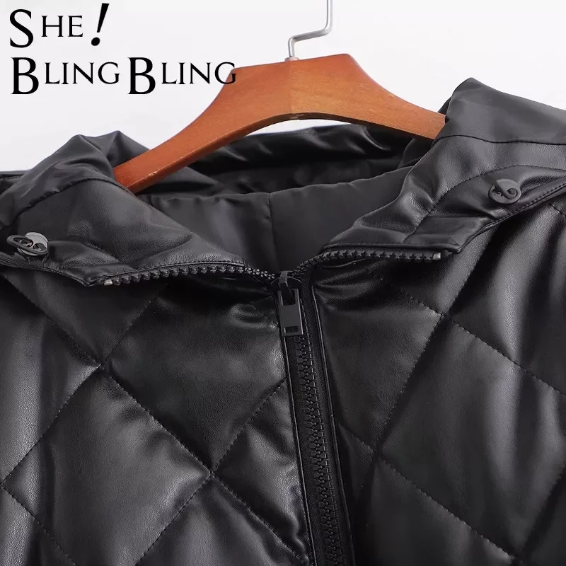 New2022 Woman 2021 Casual Traf Coats Winter Thick Argyle Quilted Padded Jacket Faux PU Leather Hooded Loose Long Parkas