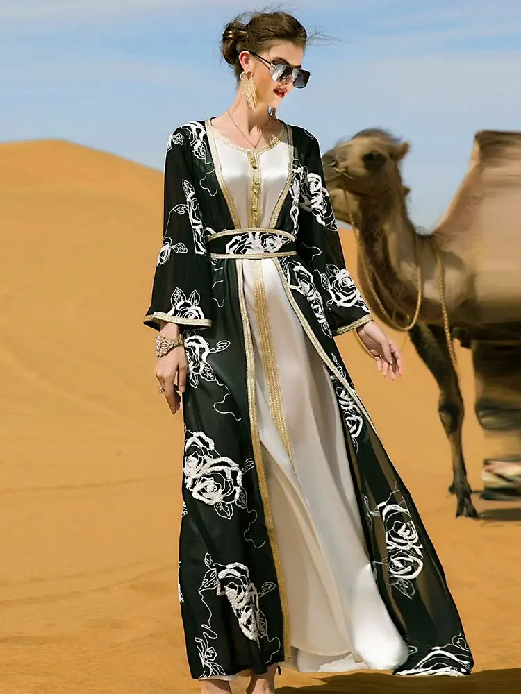 

Ramadan Eid Open Kimono Abaya Dubai Arabic Turkey Islam Muslim Set Dress Abayas For Women Caftan Marocain Robe Musulmane Femme