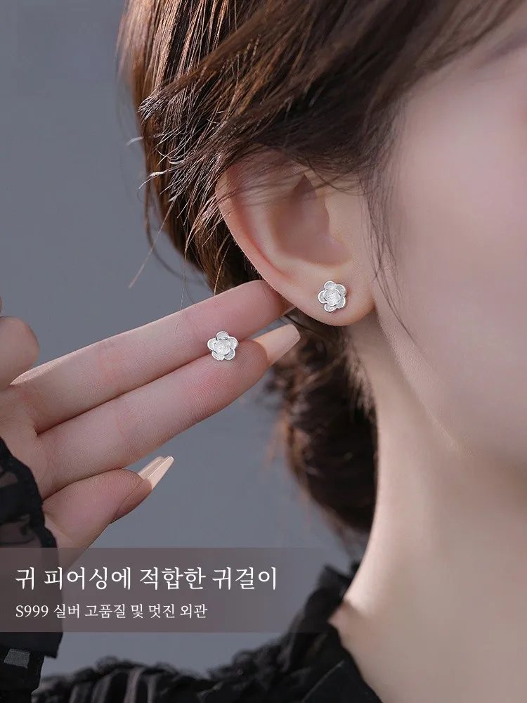 Серьги с камелией из стерлингового серебра 999 пробы женские легкие роскошные