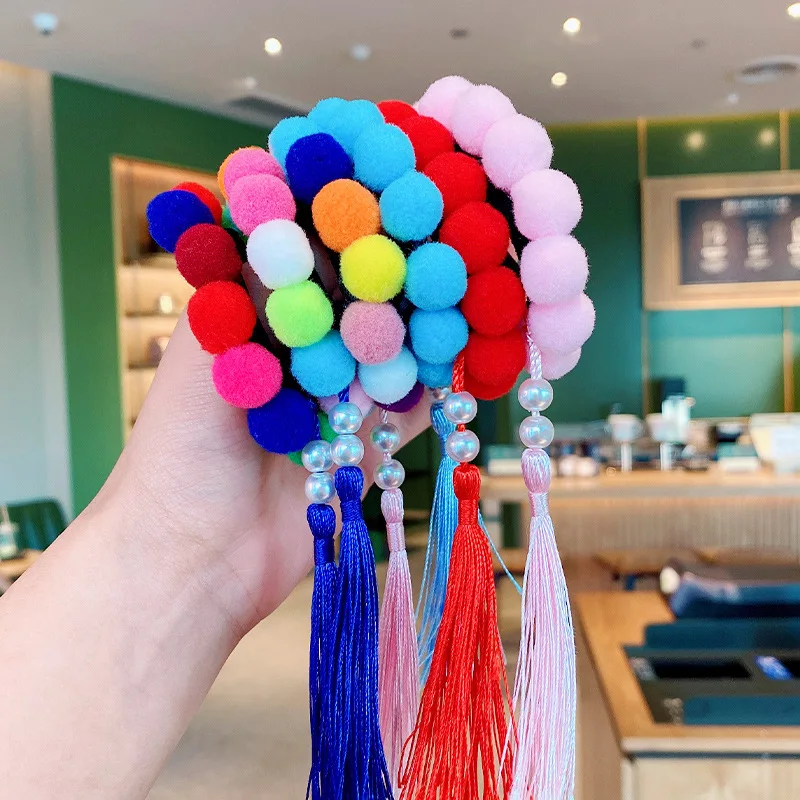 

2Pcs/Set Baby Girl Pearl Hair Ties Pom Ball Tassel Elastic Hair Rope Rubber Band Scrunchies Ponytail Holder Hair Accessories NEW