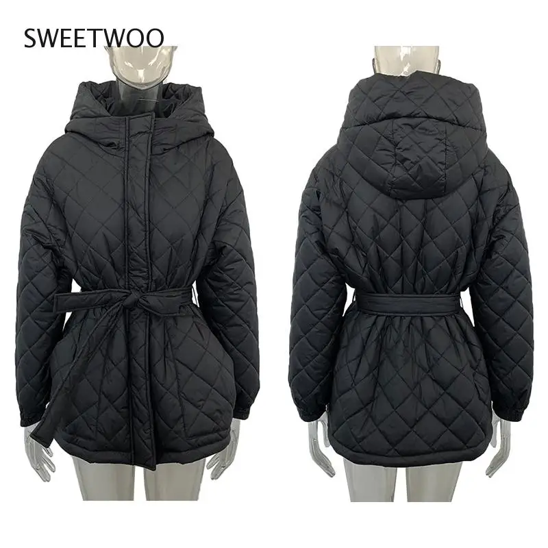 Casual Loose Hooded Parkas Women Fashion Solid Thick Short Coats Women Elegant Tie Belt Cotton Jackets Female Ladies Tide Chic