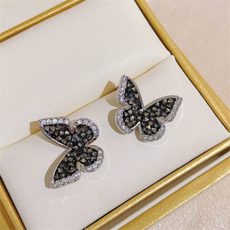 Pendientes de Mariposa Color Dorado Y Cristal Negro Con Incrustaciones De Circonita Moda con Personalidad para Mujer Joyería Boda Regalos