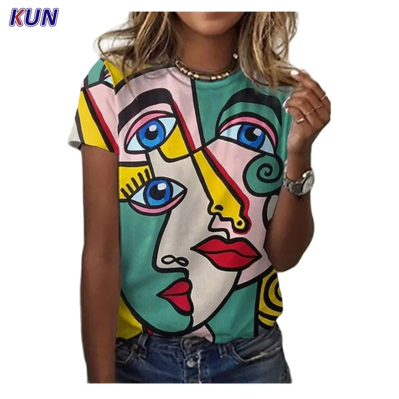 

Printed Graffiti Abstract 3D Print Women's Top Sexy Casual Women's Fashion Loose O-neck Top 2022 New Summer Dress Large Size