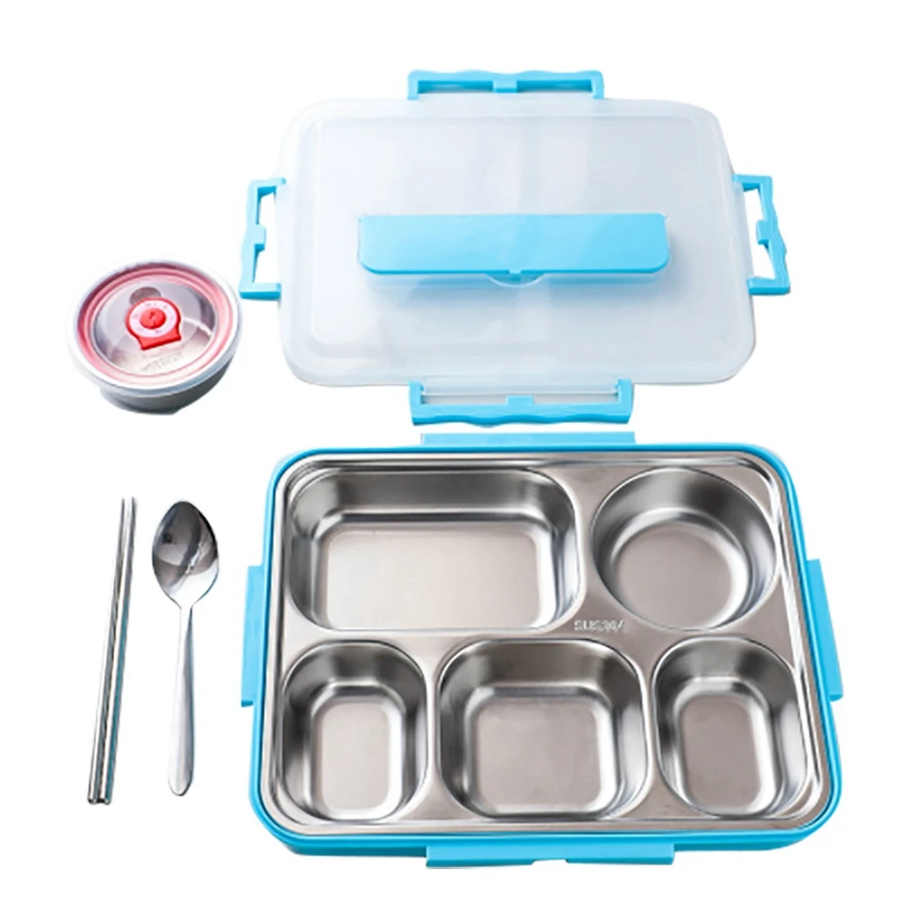 

5 Compartments Lunch Box Stainless Steel Leak-Proof Large Bento Boxes Soup Container School Dinnerware(Blue)