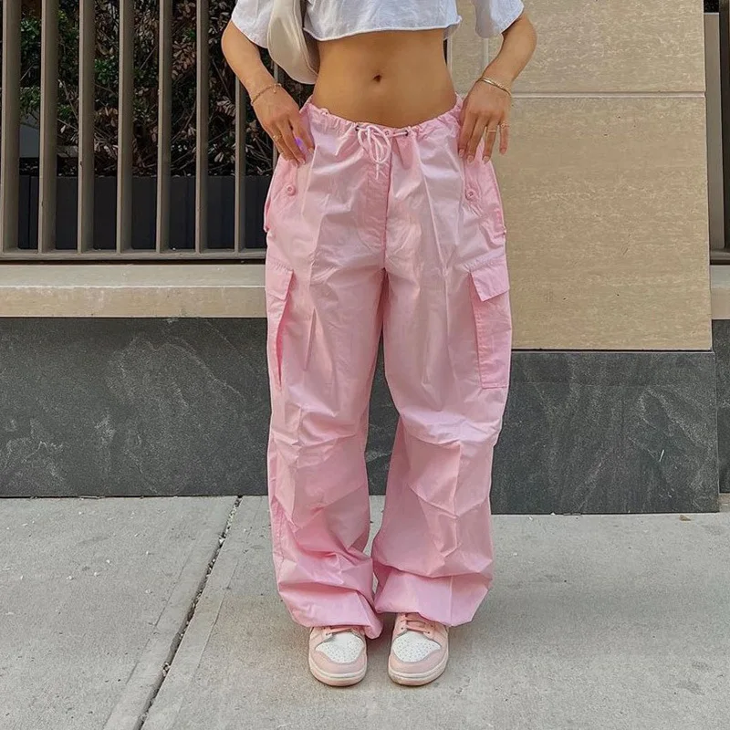 

2023 Y2K розовые мешковатые широкие брюки-карго, женские спортивные брюки, винтажная уличная одежда Y2K в стиле панк, брюки-джоггеры с заниженной...