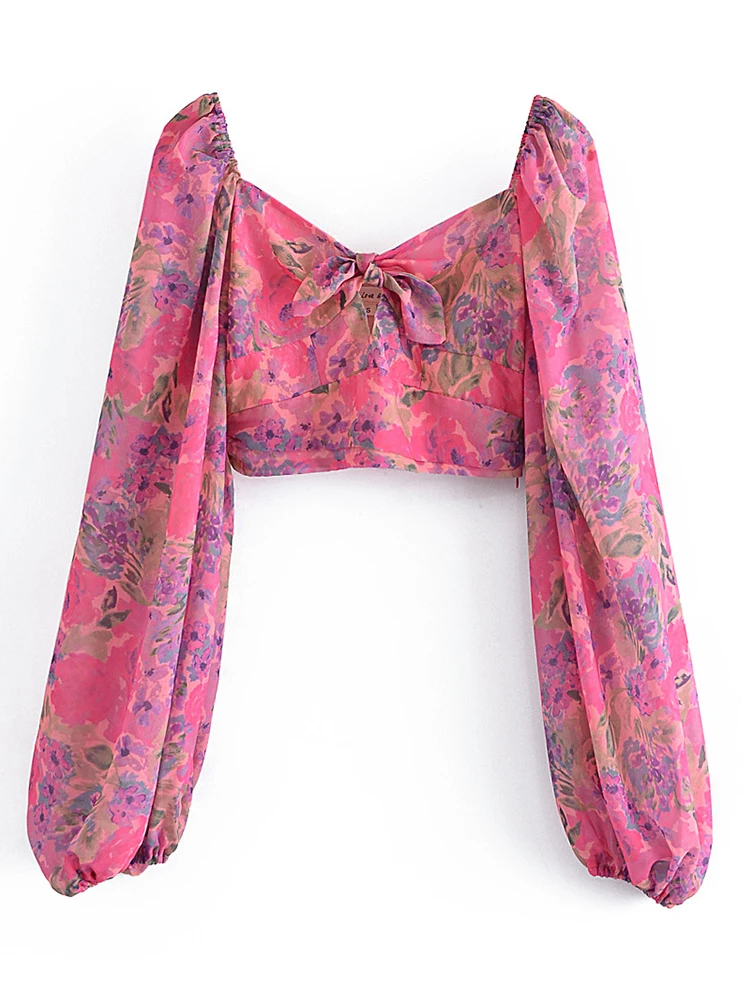 

YENKYE 2022 Fashion Women Multicolor Floral Print Boho Blouse knot Sexy Collar Puff Sleeve Ladies Chiffon Crop Top Summer Blusas
