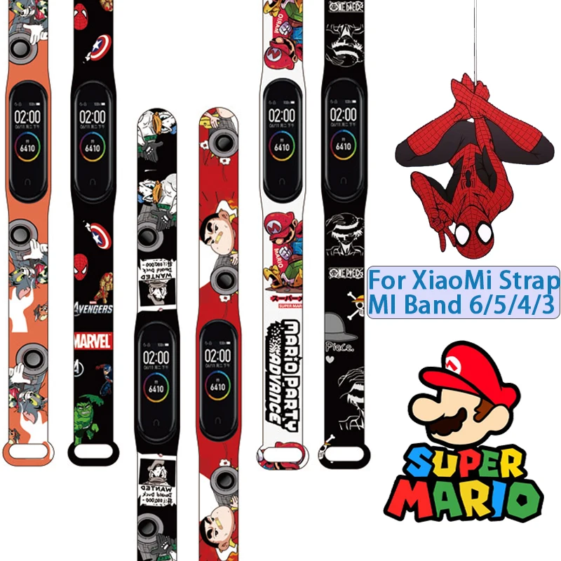 

Ремешок «Человек-паук» в стиле Super Mario для Xiaomi Mi Band 6 5 4 3, милый силиконовый сменный Браслет с героями мультфильмов аниме Луффи для группы 6 5 4 3