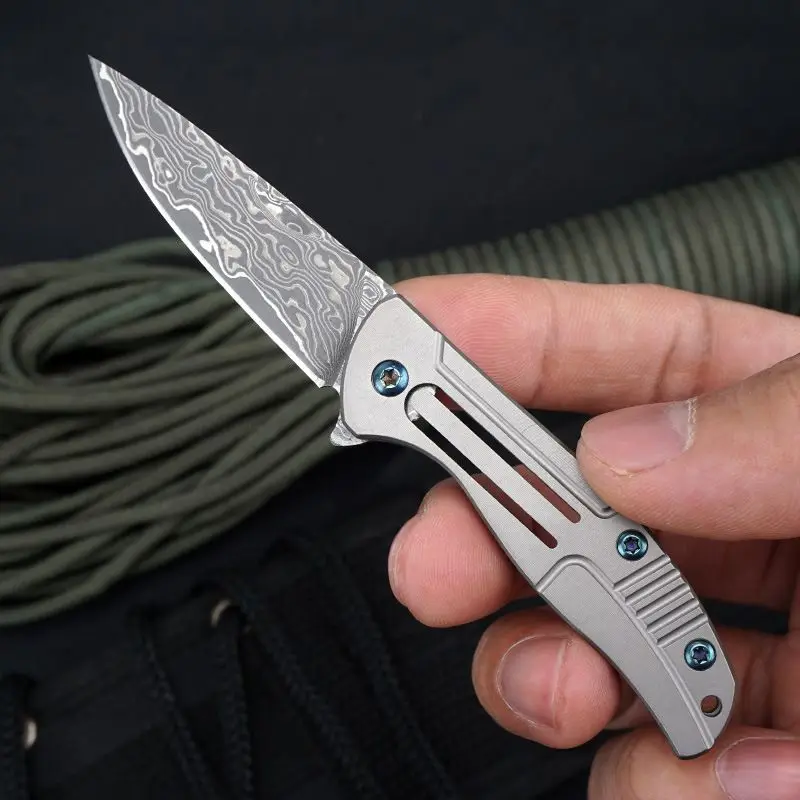 

Damascus Blade Pocket Folding Knife Titanium Alloy Handle Outdoor EDC Survival Cutter Camping Multitool Unpacking Men Gift