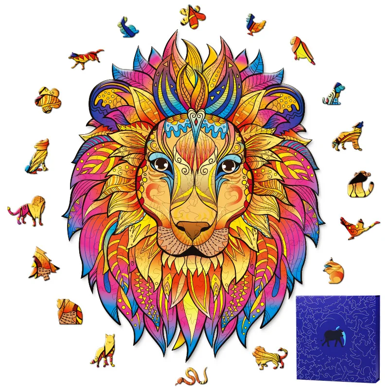 

Boy Girl Gift Box Puzzle Animal Wooden Pieces 50 100 200 Alien Lion Owl Irregular Shaped Wood Jigsaw Puzzle for Kids Fantasy