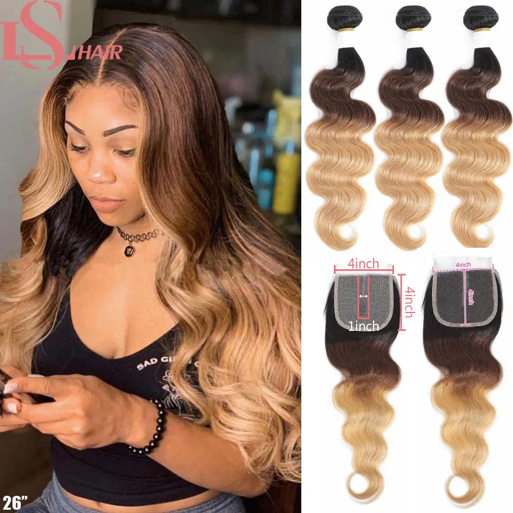 LS HAIR Brazilian Body Wave Hair Weave 3/4 Bundles With Closure Blonde 1B/4/27 Remy Ombre Human Hair Bundles With T Lace Closure