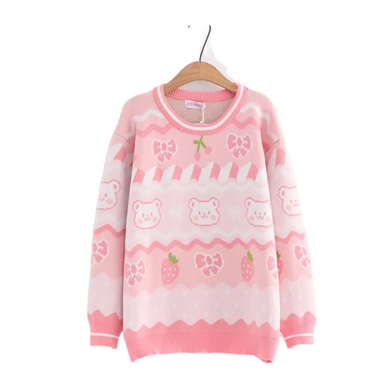 

Cartoon Bear Harajuku Knit Pullover Women Sweater 2022 Spring Warm Full Sleeve O-neck Korean Fashion Female Jumpers Pink Tops