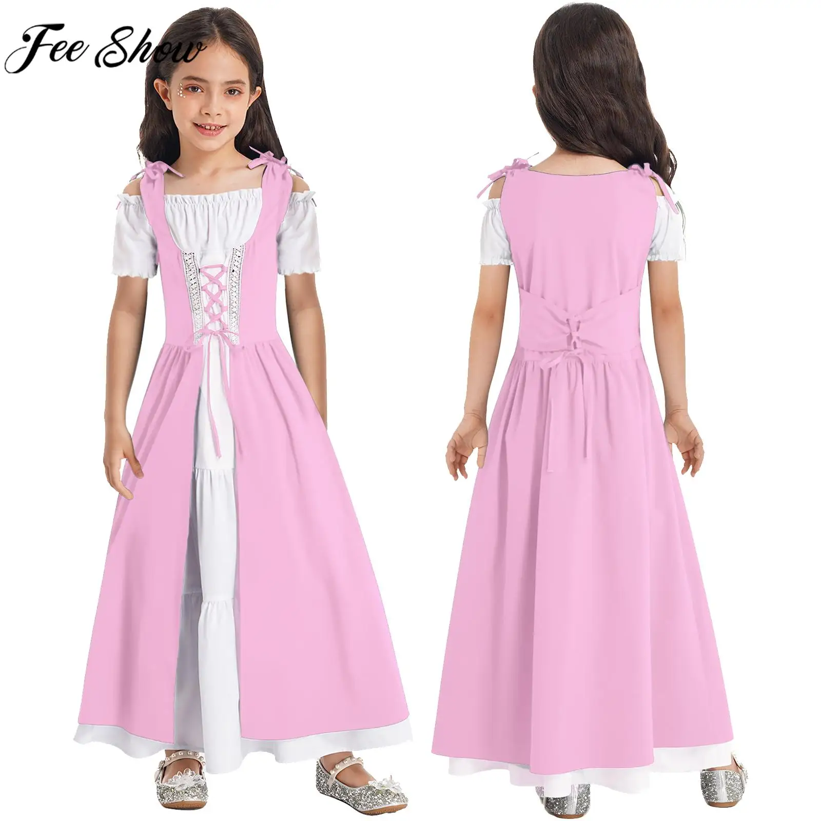 

Kids Girls Medieval Renaissance Victorian Dress Halloween Theme Party Carnival Cosplay Costume Short Sleeve Lace-up Robe Gown