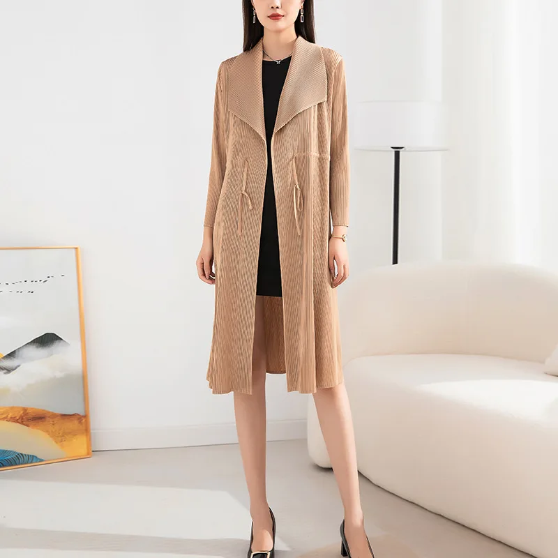 

Miyake pleated trench coat women's mid-length autumn new fashionable atmosphere suit collar cardigan outer drape