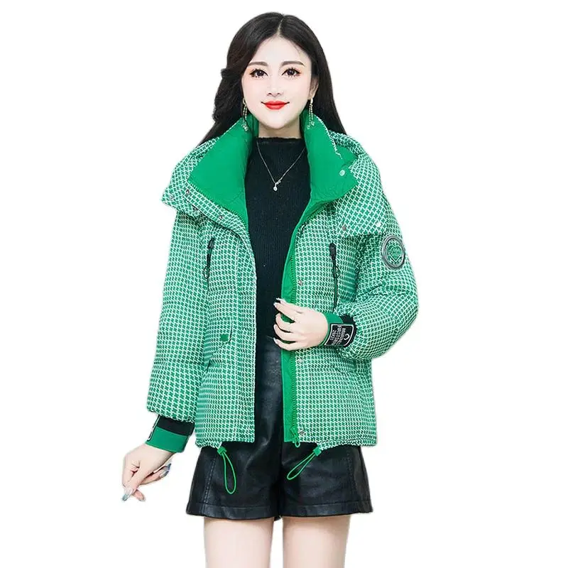 

High-end Plaid Hooded Down Jacket Women's New Loose Slim Winter White Duck Down Fashion Joker Warm Casual Thick Coat Women'sTide