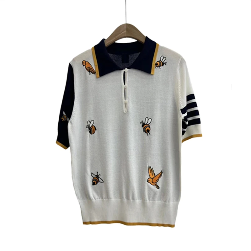 

High Quality Korean Summer New Embroidered Bird Bee Pattern Short Sleeve Women's European Fashion Versatile Ice Silk Knitted Top