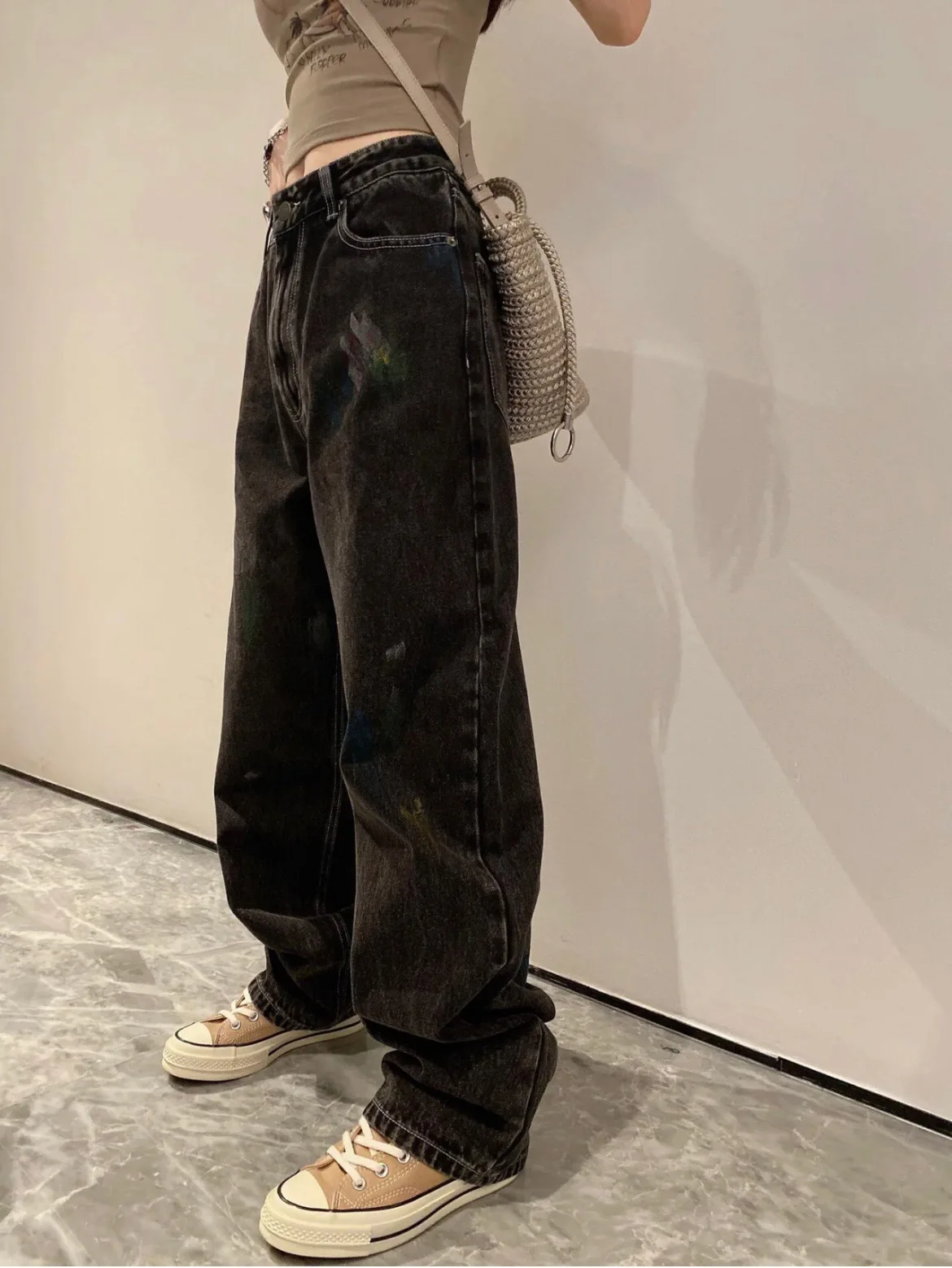 margiela neutral jeans women mm6 colorful splatter dot silhouette washed and aged loose straight jeans men oversized