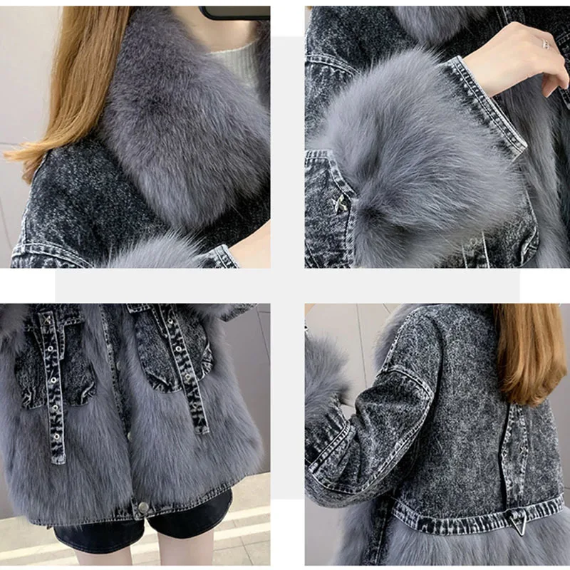 Fashion Denim Stitching Short Faux Fur Coat Women's 2022 Autumn And Winter New All-match Motorcycle Parka Cotton Jacket Trend