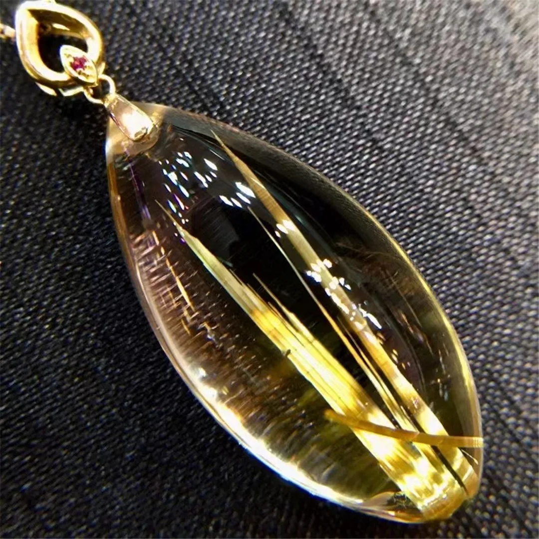 

Подвеска из натурального золота с рутилированным кварцем, ювелирные изделия для женщин и мужчин, подарок на богатство, редкие кристаллы 28x13x9 мм, бусины из 18-каратного золота AAAAA