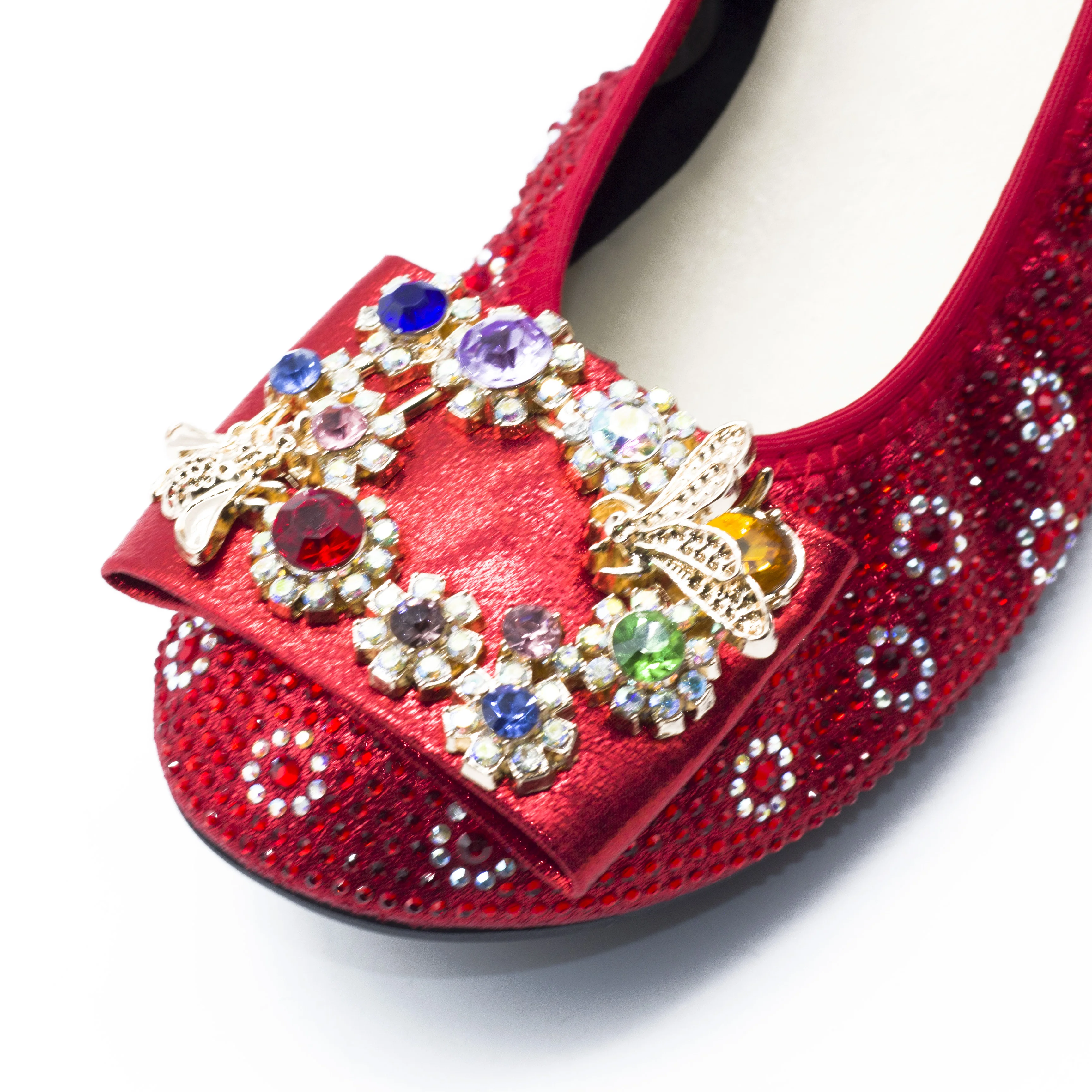 168-21 Red Ballet Shoes for Party Wedding Dress Flats Women Flexible Sole Shiny Rhinestone Buckle Women Ballet Flats for Lady