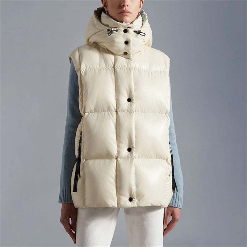 

Winter new women's thickened warm contrasting whiteGoose down hooded vest y2k high quality fashion casual sleeveless down jacket