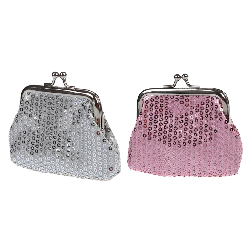 

2Pcs Women's Sequins Coin Purse Buckle Mini Wallet - Silver & Pink