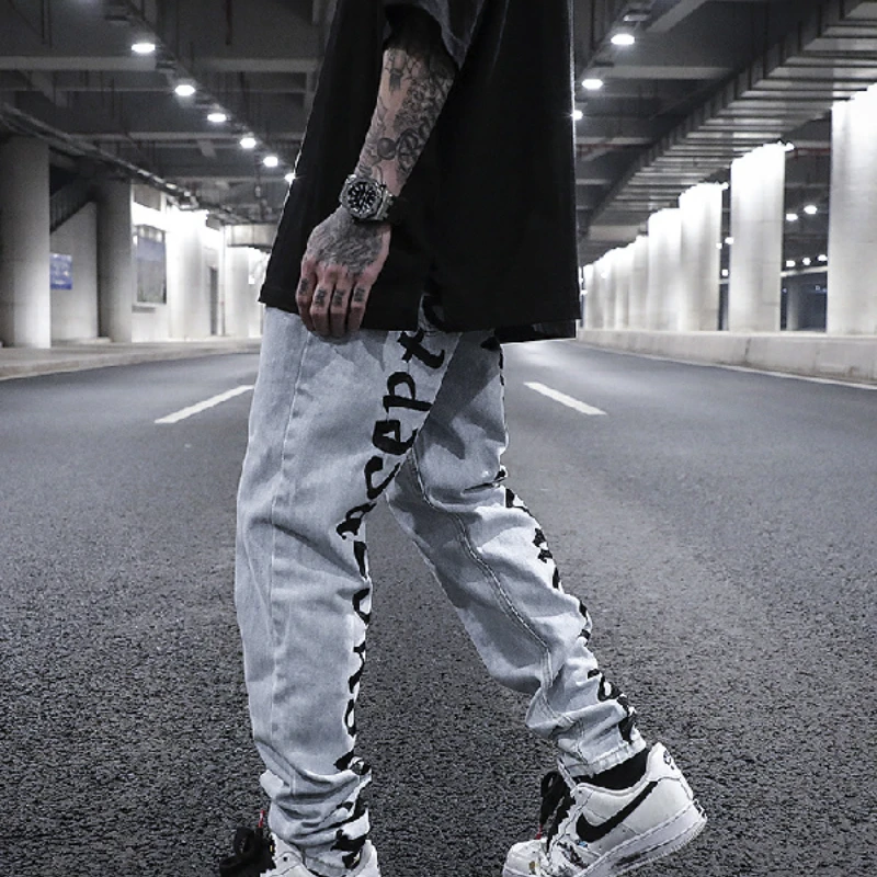 European And American High Street Letters Blue Straight Jeans OnThe Back Of Men's Slim Straight-leg Hip Hop Trousers