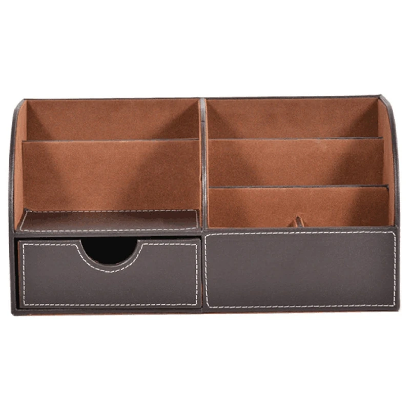 

PU Leather Desk Organizer With 4 Compartments, Card/Pen/Pencil/Mobile Phone Stand Office Supplies Holder Desktop