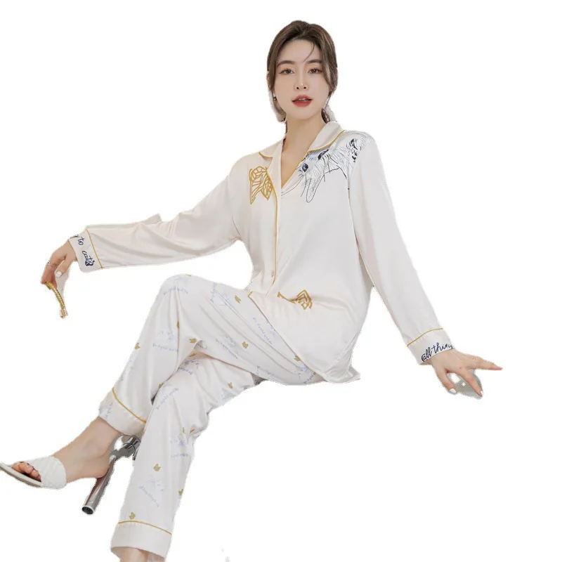 PICKBIRD 2022 Ice silk ladies pajamas spring and autumn sexy long-sleeved cartoon suit summer silk printing net red home service