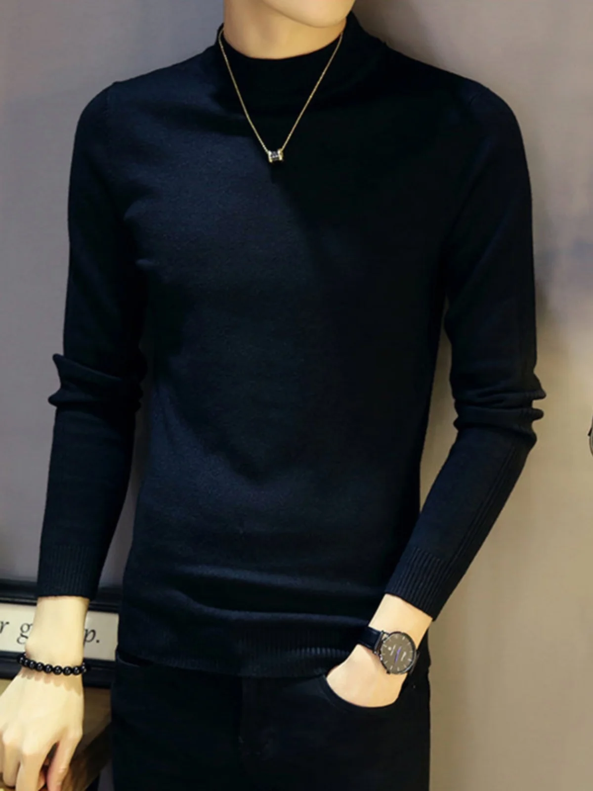Half-high Collar Base Sweater Men's 2024 New Autumn and Winter Slim fit Tight White Black Middle Knit Inner wear