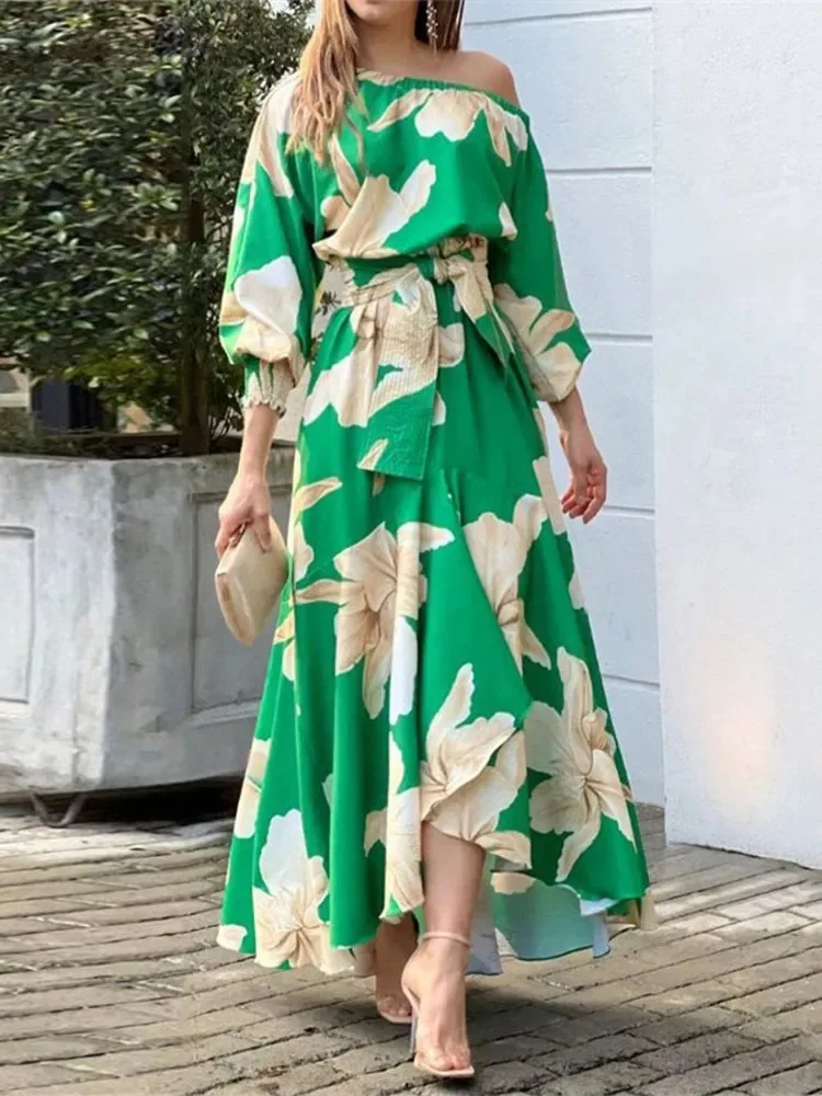 Dresses for Women European and American Print One-Shoulder Green Dress & 2022 Casual Waist Three-Quarter Sleeve Long Skirt