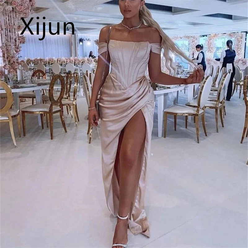 

Вечерние платья-русалки цвета шампанского от Xijun, вечернее платье без бретелек с открытыми плечами и плиссированным Боковым Разрезом, сексу...