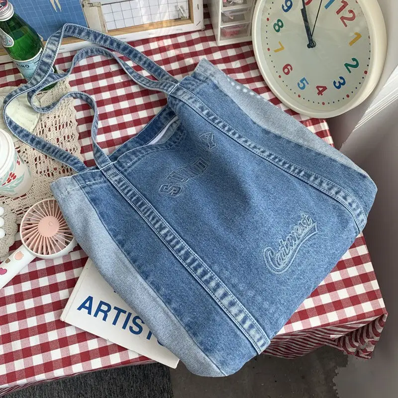 

Korean Harajuku Shoulder Bag Women Big Denim Bag Handbags Ladies Shopping Bag Tote Bags Women Letter Embroidery Handbags466466