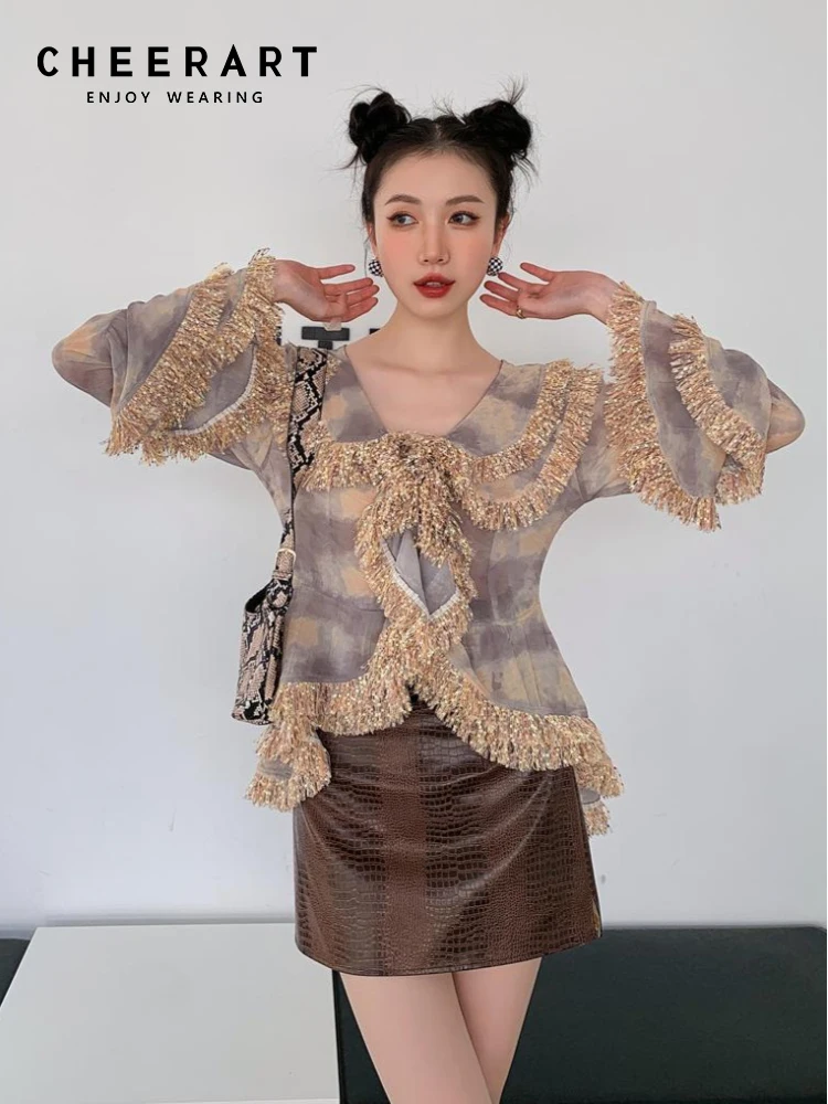 

CHEERART Spring 2022 Tie Dye Chiffon Blouse Women Tassels Flare Sleeve V Neck Ruffles Long Sleeve Frill Top Korean Fashion