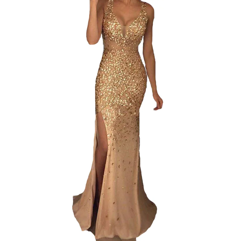 2022 New Spring And Autumn Women Sexy Elegant Party Dresses Long Skirt V-neck Split Gold Dress Luxurious Banquet Evening Dress