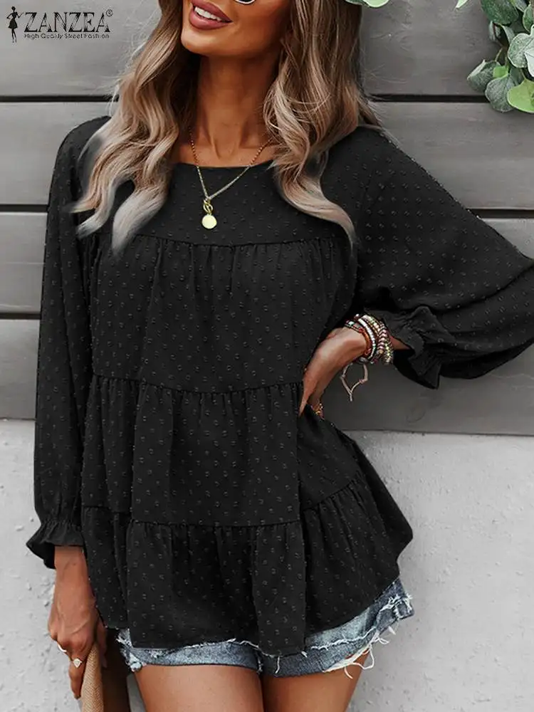 

ZANZEA Holiday Party Solid Chemise 2022 Stylish Dot Blouse Women Casual Long Sleeve Chiffon Shirt Spring O Neck Baggy Tunic Top