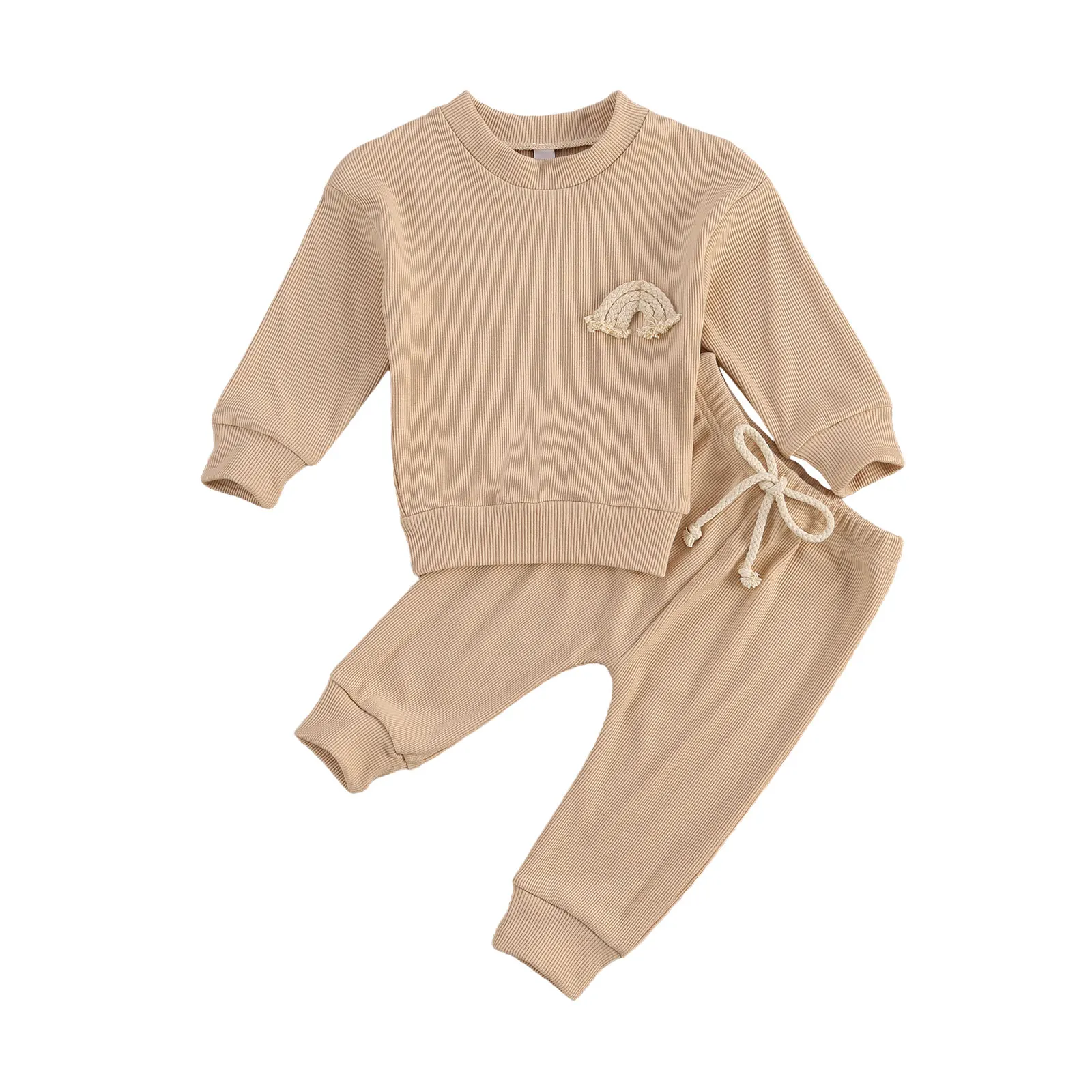 

Rainbow Embroidery Long Sleeve O-neck Tops + Long Pants for Spring Fall Winter Clothing Toddler Baby Solid Color Clothes Set