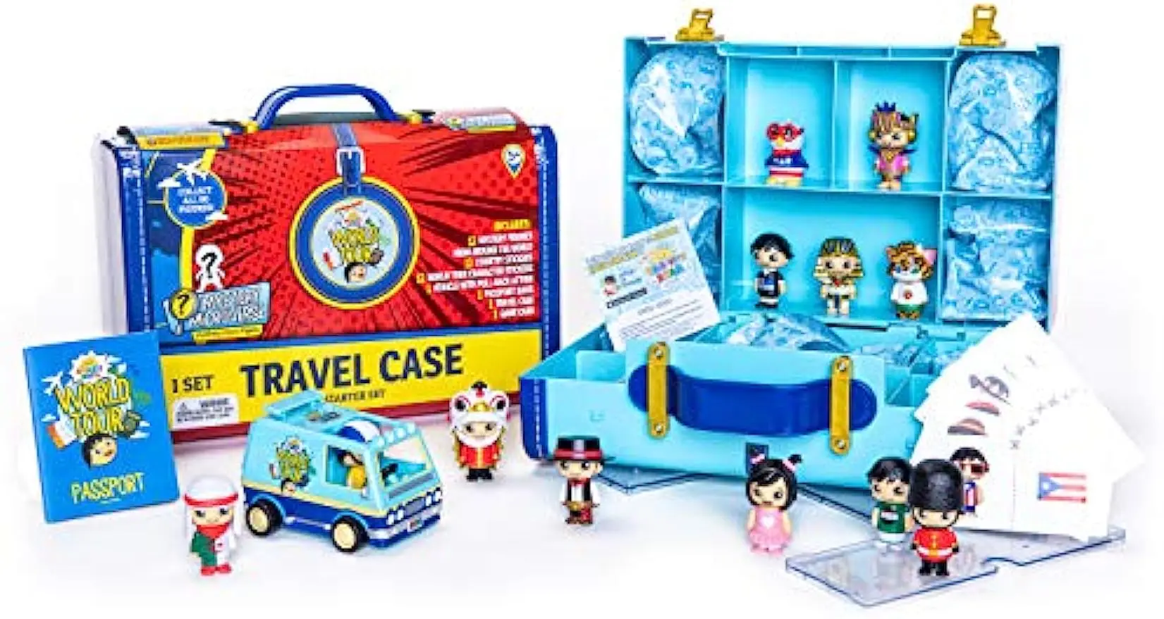 

Ryan’s World Tour Suitcase, 12 Country Themed Mystery Micro Figures With Matching Stickers, Exclusive Vehicle,