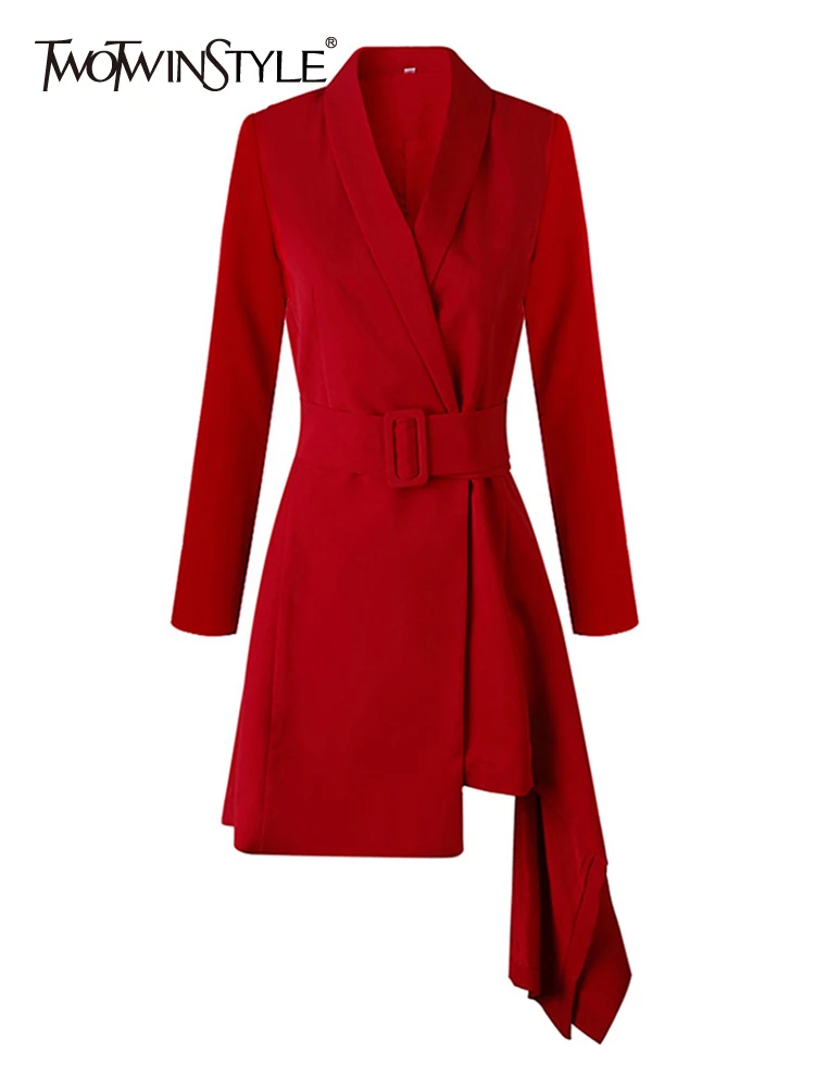 

TWOTWINSTYLE Autumn Women's Dress New Fashion Lapel Slim Belt Waist Long Sleeve Red Irregular Mini Dresses Elegant Female 2022