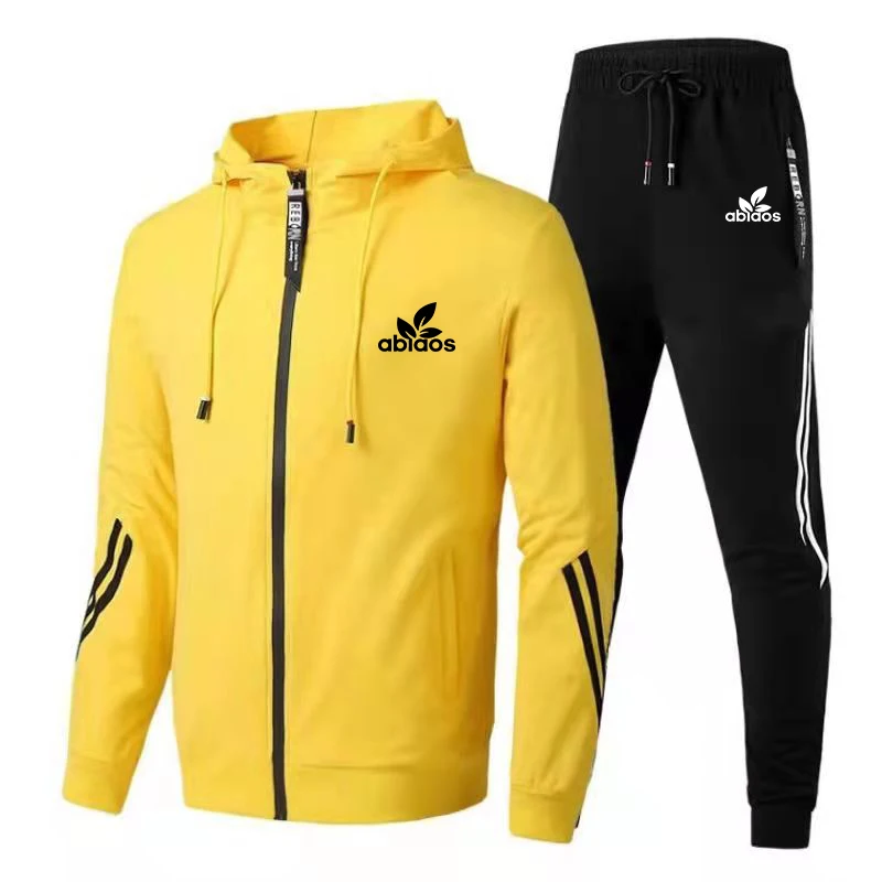 Men's spring autumn aports zipper hooded jacket suit trend outdoor sports print jacket+pants suit sportsw