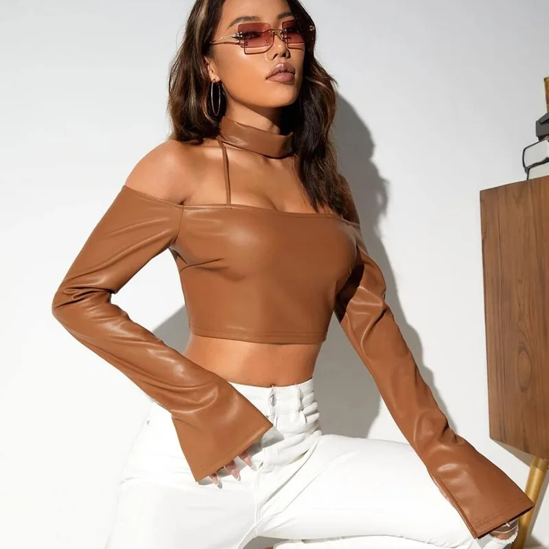 

Women Sexy Off Shoulder PU Leather T Shirts Choker Split Long Sleeve Slim Short Crop Tops T-shirt Feminist Clothes Streetwear